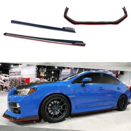 Fit 2015-2021 Subaru WRX STI Side Skirts Body and Front Bumper Lip Spoiler Set (Gloss Black & Red Trim)