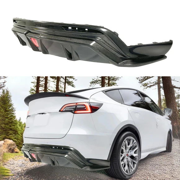 (Pre-order) Fits 2020-2025 Tesla Model Y Real Carbon Fiber Rear Bumper Diffuser W/ LED Light - Image 1