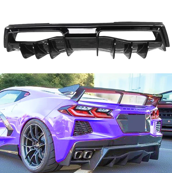 Fits Chevrolet Corvette C8 2020-2025 Shark Fin Style Gloss Black Rear Bumper Diffuser - Image 1