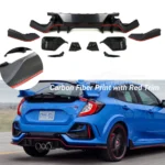 Fits 2017-2021 Honda Civic Hatchback Rear Bumper Spoiler Garnish Reflectors (Carbon Fiber Print and Red Trim)
