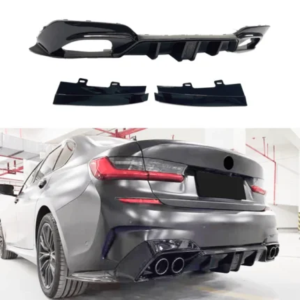 Fits 2019-2022 BMW G20 Gloss Black Rear Diffuser with LED Break Light & Corner Splitters