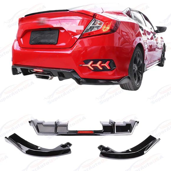 Fits 2016-2021 Honda Civic Sport Sedan Rear Bumper Lip Spoiler Diffuser LED Rear Corners - Image 4