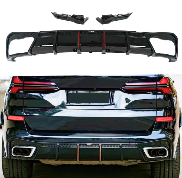 Fits 2019-2024 BMW X5 G05 Gloss Black Rear Diffuser Bumper lip with LED Break Light & Corner Splitters - Image 1